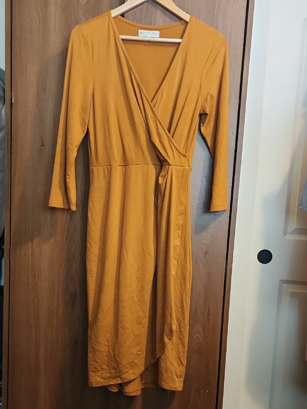 Synergy Women Dress Medium Brown Midi Wrap Organic Cotton Dress Size M